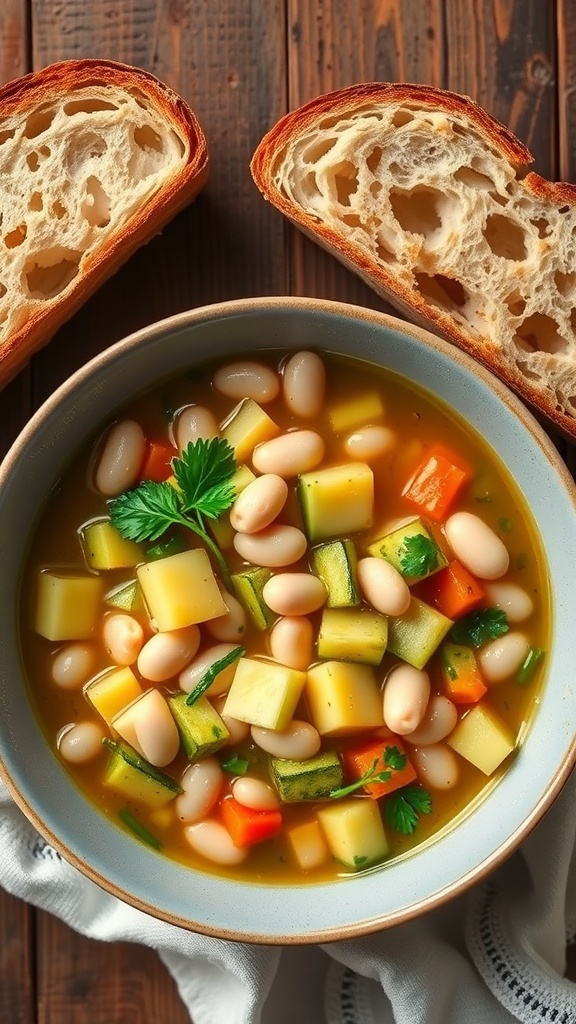 A bowl of zucchini and white bean stew with parsley garnish and crusty bread on a rustic table.